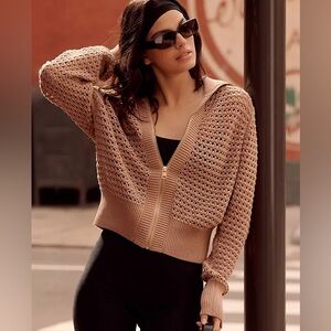 NWT Varley Eloise Full Zip Knit Sweater Cowl Neck Soze Large Camel